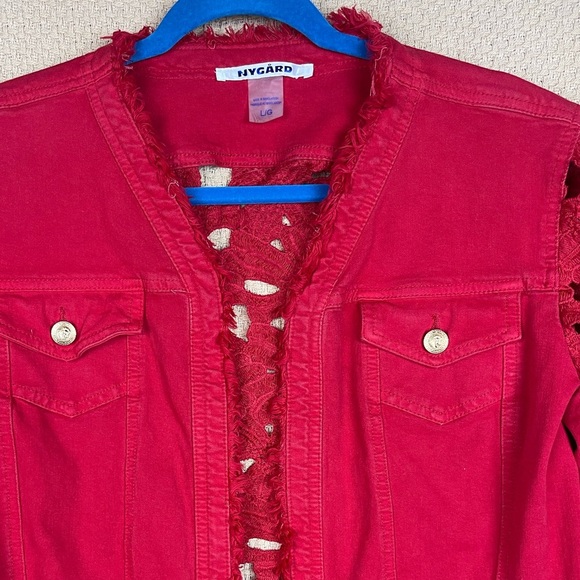Peter Nygard Red Denim Jacket By Nygard With Lace Women’s Size Large - Picture 4 of 10